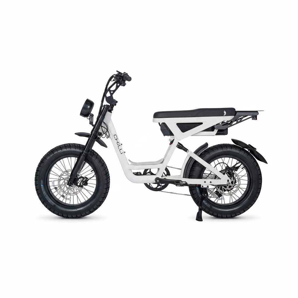 White electric bike with black wheels on a white background