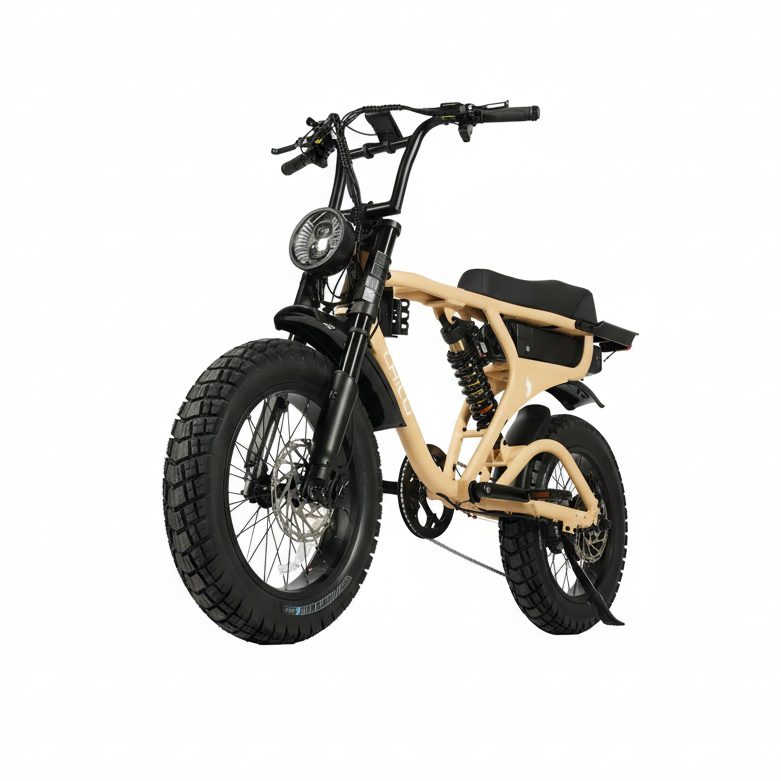 Beige electric bike with black tires on a white background